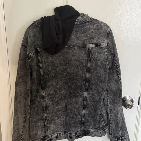 2X Blue Crown Acid Wash Denim Jacket 2XL Hooded Grey Skater Tillys - Picture 4 of 10